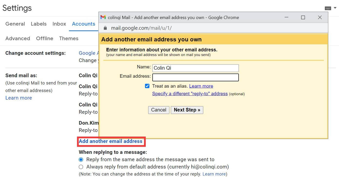 Add Gmail Alternative Alias Email